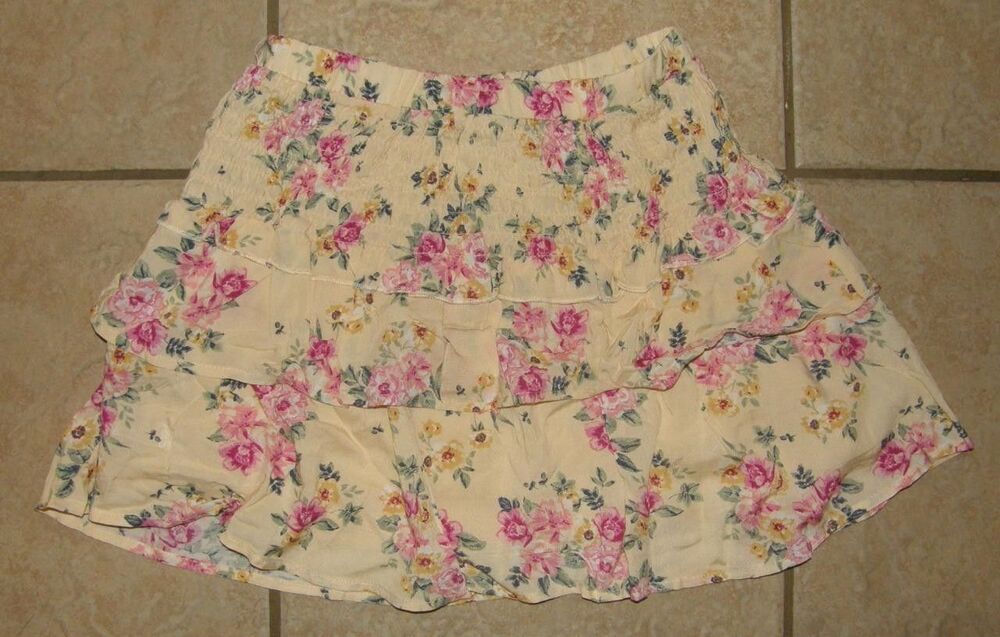 BLUE RAIN Girls Sz 10 Yellow Floral Smocked Waist Lined Tiered Boho Skirt NEW